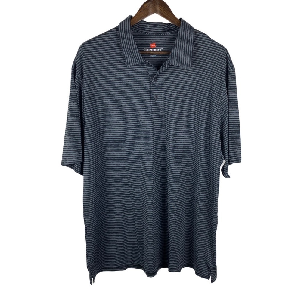 Hanes Sport Gray and Black Stripped Polo Shirt